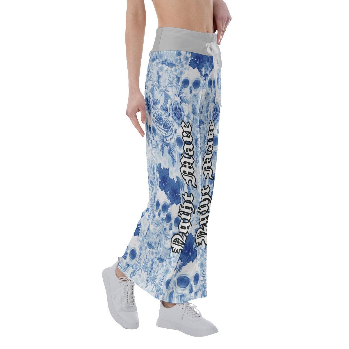 Nightmare Skull Flower Blue Half High-waisted Wide Leg Pants - Wonder Skull