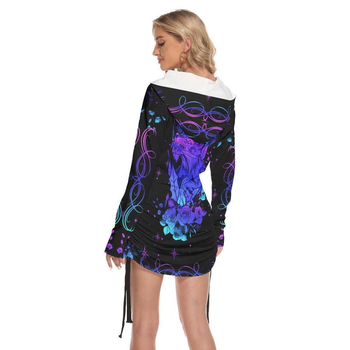 Wolf Flower All Over Print Women One Shoulder Dress With Waist Shirring, Long Hoodie For Women - Wonder Skull