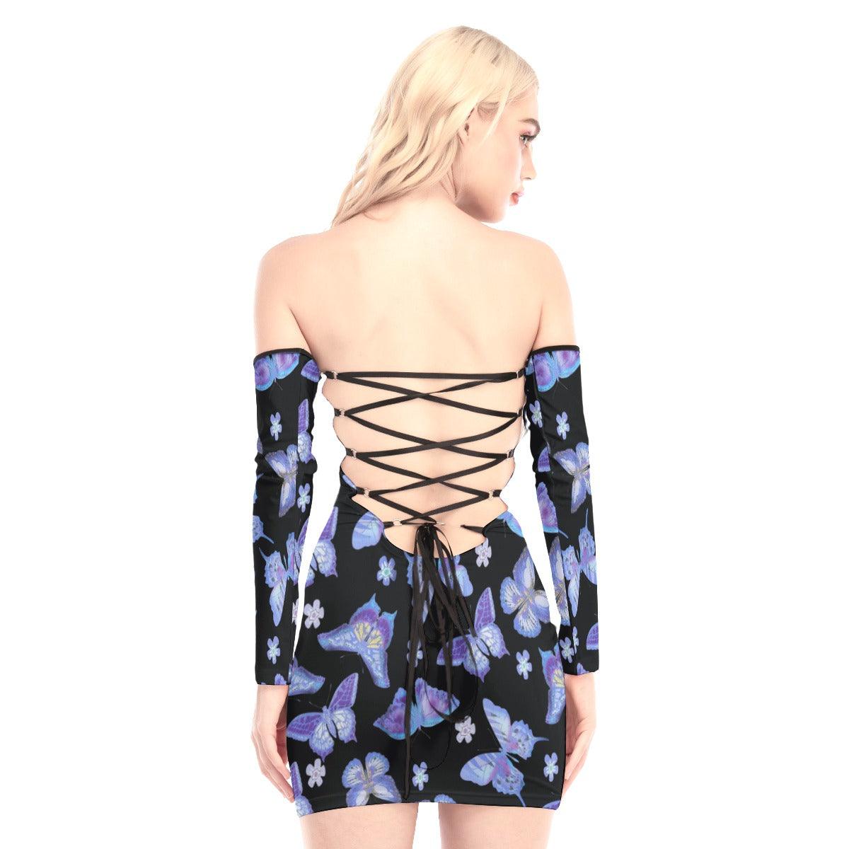 Butterfly Pattern Off-shoulder Back Lace-up Dress - Wonder Skull