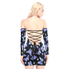 Butterfly Pattern Off-shoulder Back Lace-up Dress - Wonder Skull