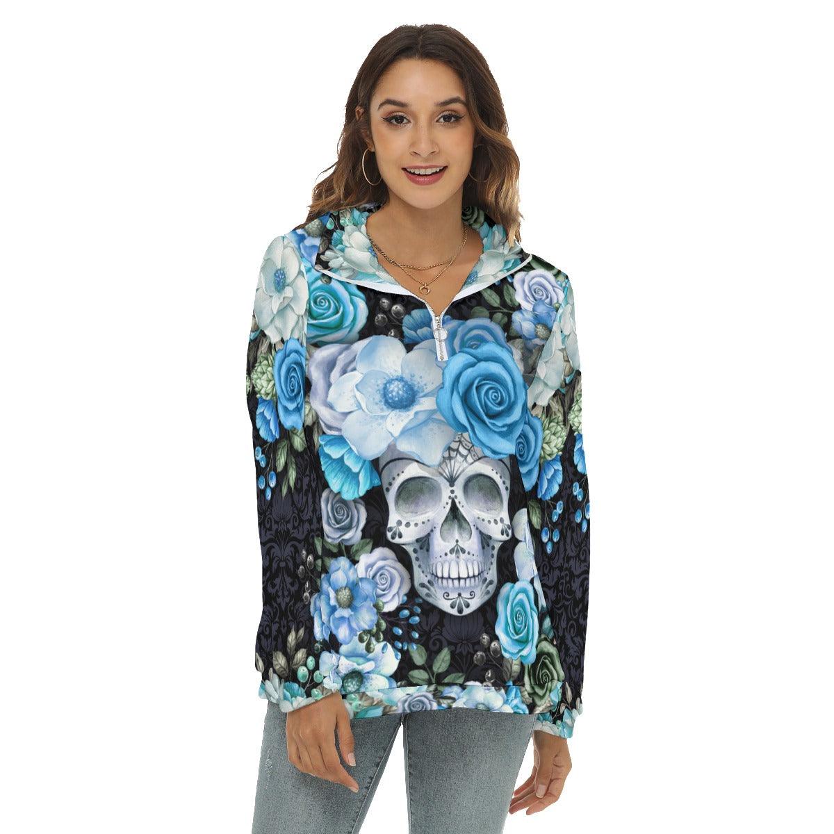 Skull Flower Borg Fleece Sweatshirt With Half Zip - Wonder Skull