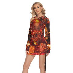 Sexy Fire Orange Skull Print Open Shoulder Dress-Wonder Skull