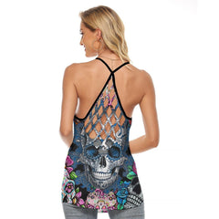 Sugar Skull Rose 3D Criss-Cross Open Back Tank Top, Coolest T-Shirt For Women - Wonder Skull