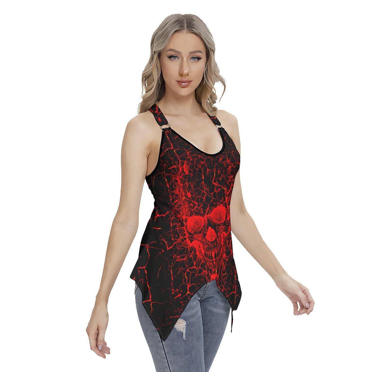 Red Crack Skull Gothic Women's Racing Tank Top With Irregular - Wonder Skull