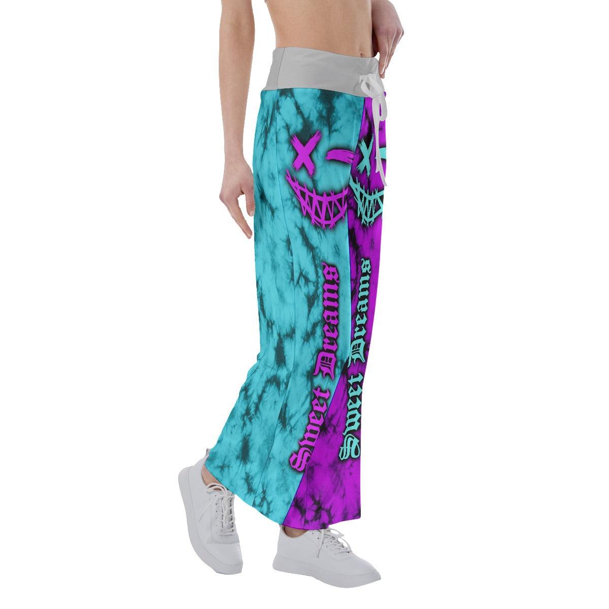 Sweet Dream Face Smile Half Cyan Purple High-waisted Wide Leg Pants - Wonder Skull