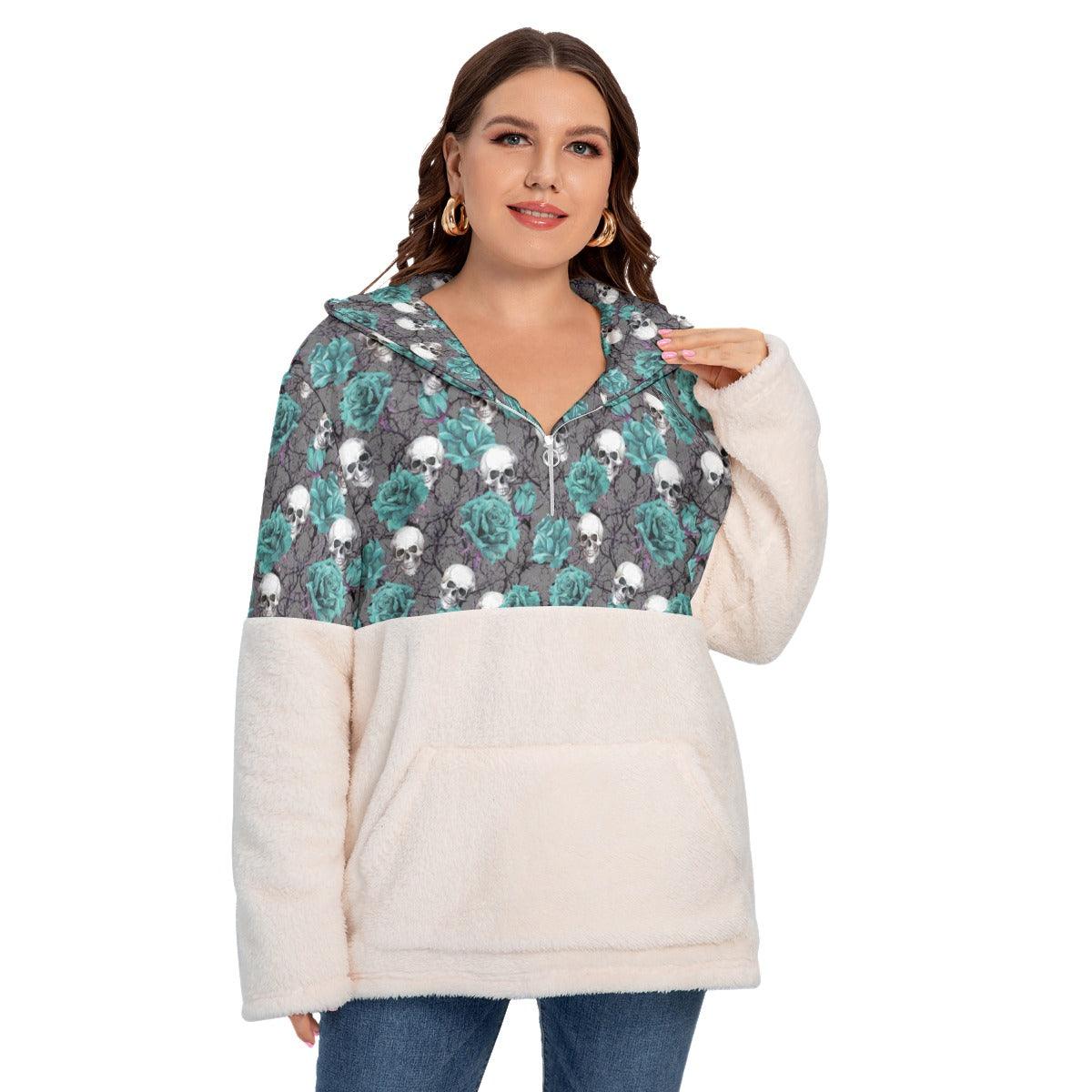 Green Skull With Rose Borg Fleece Hoodie With Half Zip - Wonder Skull