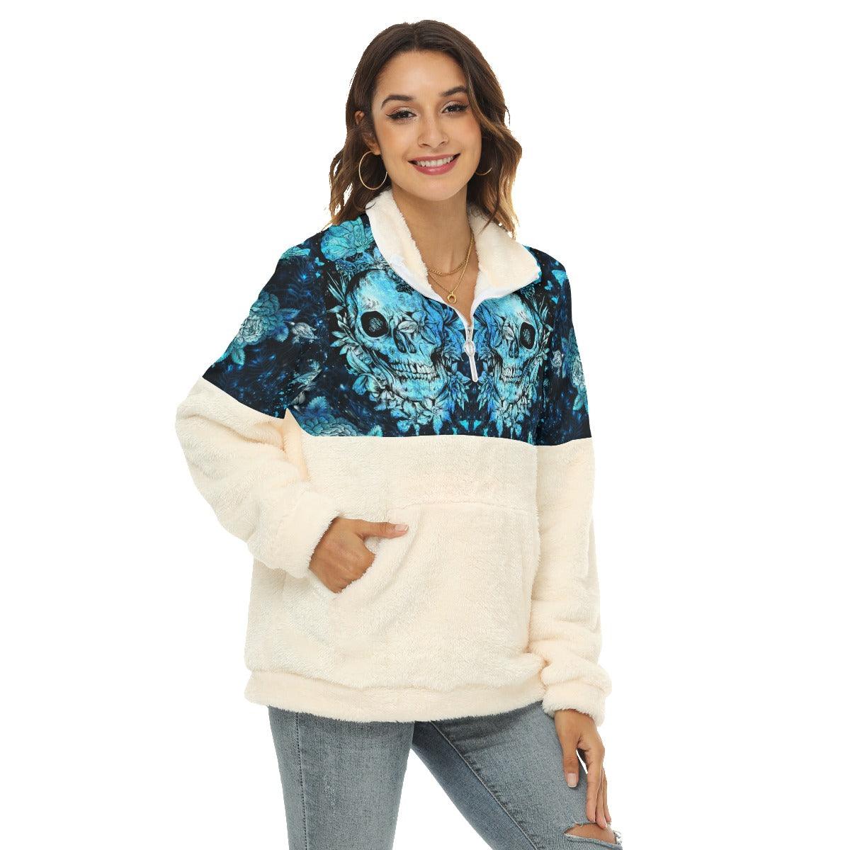 Frozen Iced Skull Flower Fleece Sweatshirt With Half Zip - Wonder Skull