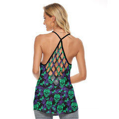 Green Purple Skull Paisley Butter Criss-Cross Open Back Tank Top, Coolest T-Shirt For Women - Wonder Skull