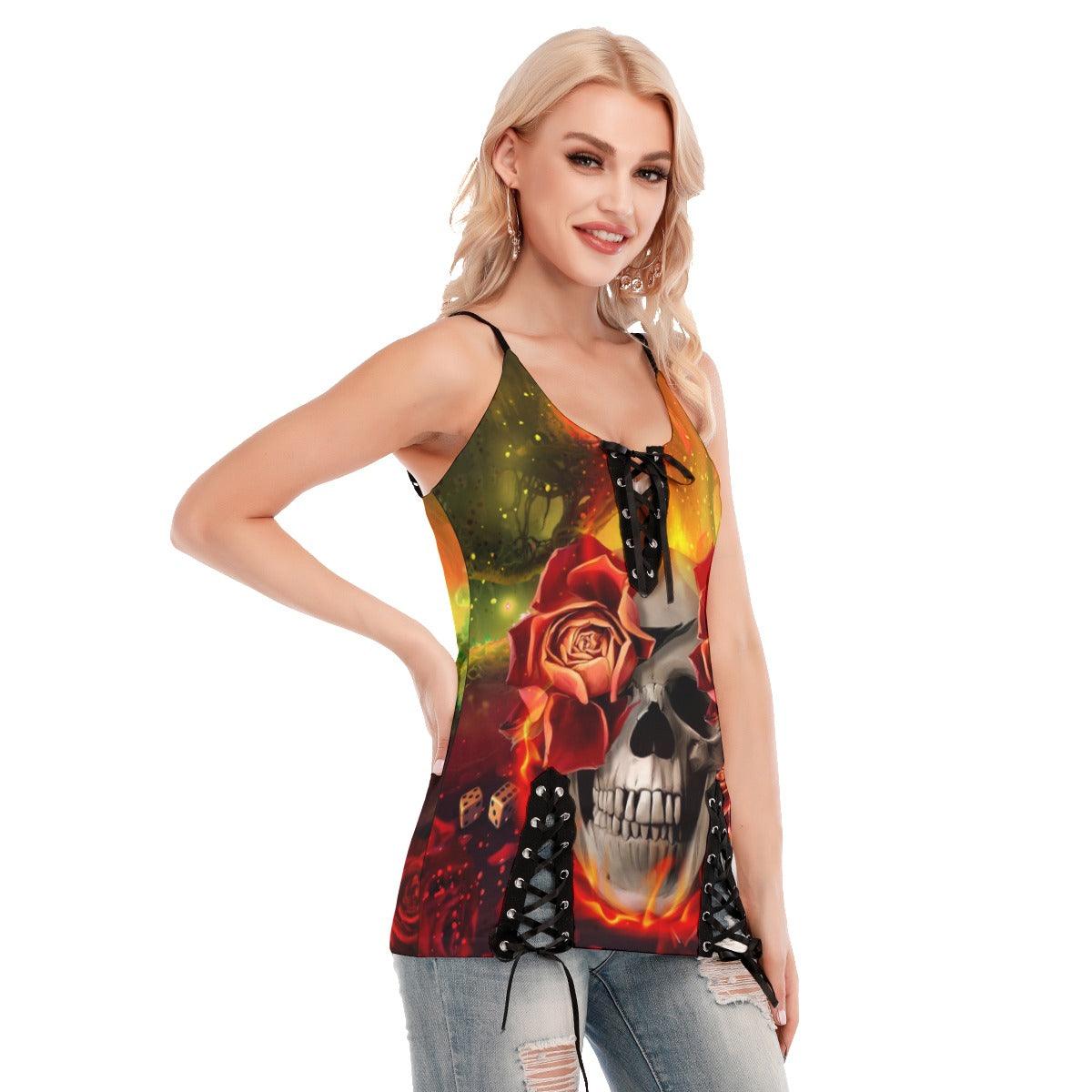 Skull Rose Galaxy Gothic Eyelet Lace-up Letter Dress - Wonder Skull