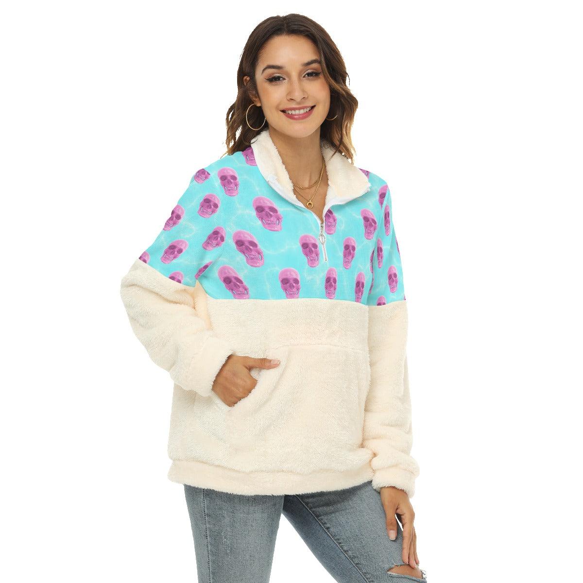 Pink Blue Skull Pattern Fleece Sweatshirt With Half Zip - Wonder Skull