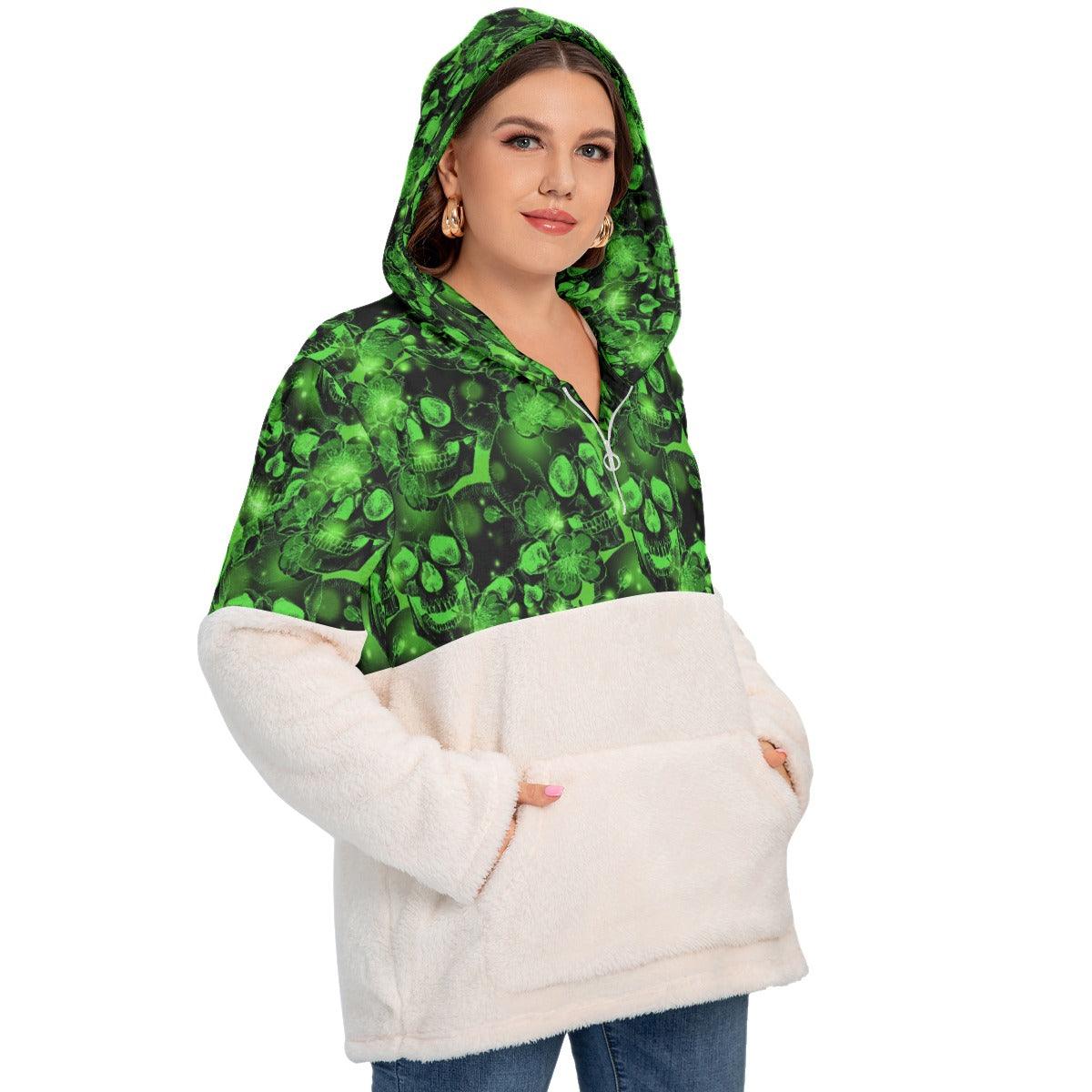 Green Skull Borg Fleece Hoodie With Half Zip - Wonder Skull