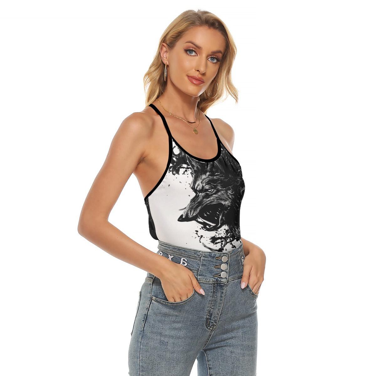 Attractive Wolf Artwork Hand Criss-Cross Open Back Tank Top, Hot T-Shirt For Women - Wonder Skull