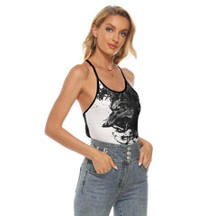 Attractive Wolf Artwork Hand Criss-Cross Open Back Tank Top, Hot T-Shirt For Women - Wonder Skull