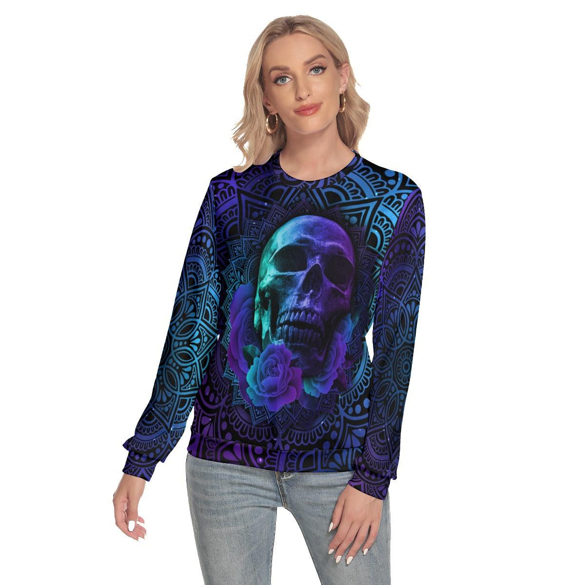 Purple Mandala Skull Rose Slim Round Neck Sweatshirt - Wonder Skull