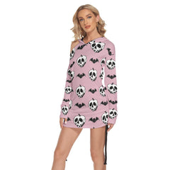 Pink Bat Skull All Over Print Women One Shoulder Dress With Waist Shirring, Long Hoodie For Women - Wonder Skull