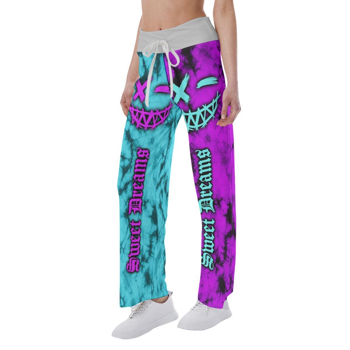 Sweet Dream Face Smile Half Cyan Purple High-waisted Wide Leg Pants - Wonder Skull