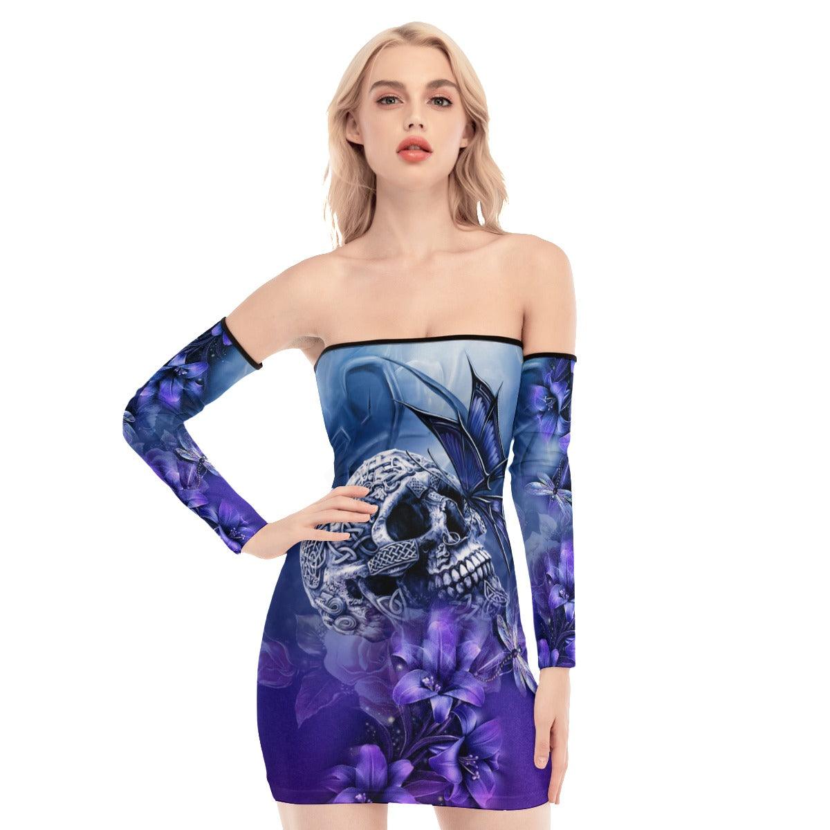 Skull Sugar Butterfly Purple Off-shoulder Back Lace-up Dress - Wonder Skull