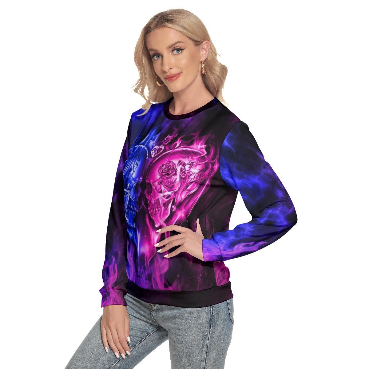 Blue Pink Gradient Heart Skull Slim Round Neck Sweatshirt - Wonder Skull