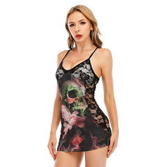 Skull Gothic Smoke Bird Women Black Lace Cami Dress - Wonder Skull