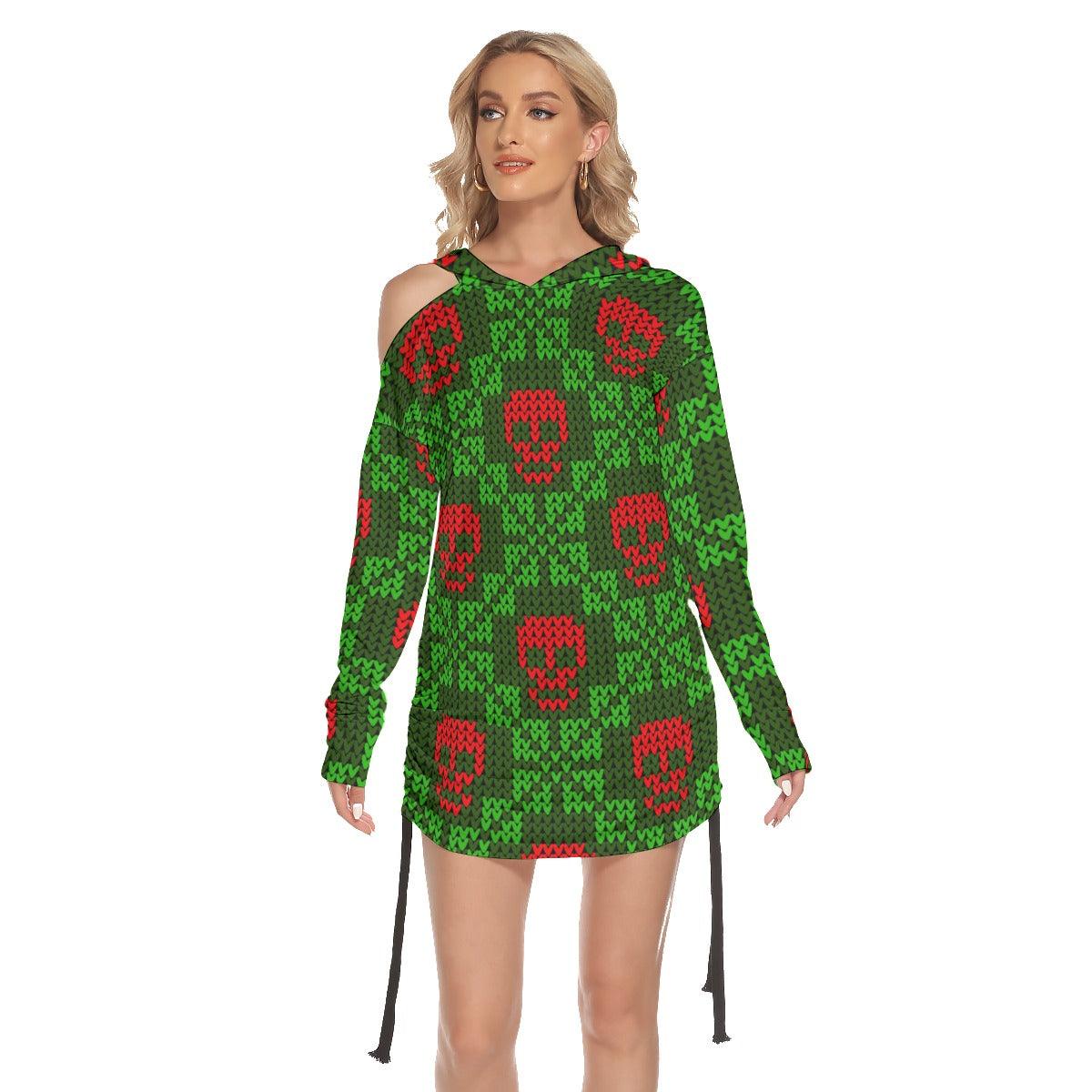 Christmas Green Red Skull Pattern Print Open Shoulder Dress - Wonder Skull