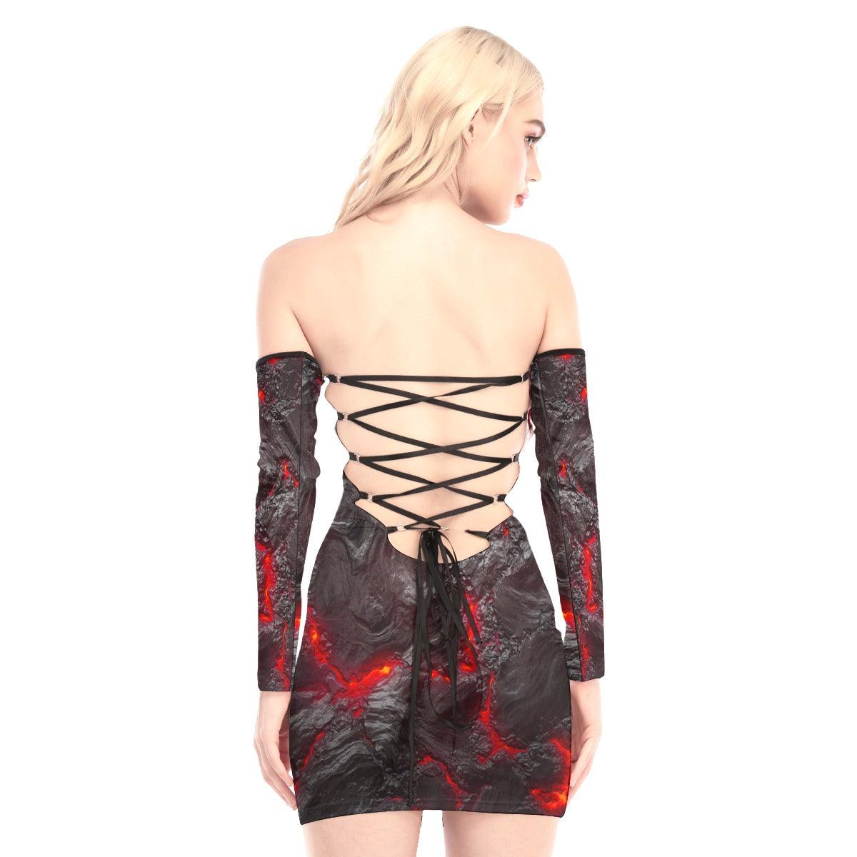 Skull Lava Black Roses Off-shoulder Back Lace-up Dress - Wonder Skull