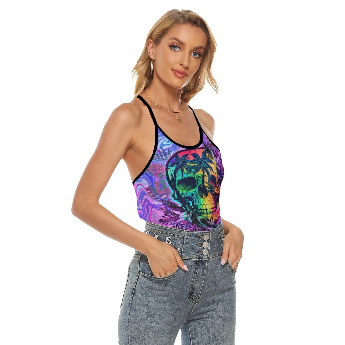 Tropical Skull Gothic 3D Criss-Cross Open Back Tank Top - Wonder Skull