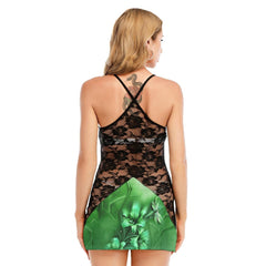 Skull Sugar Flower All-Over Print Women Black Lace Cami Dress - Wonder Skull