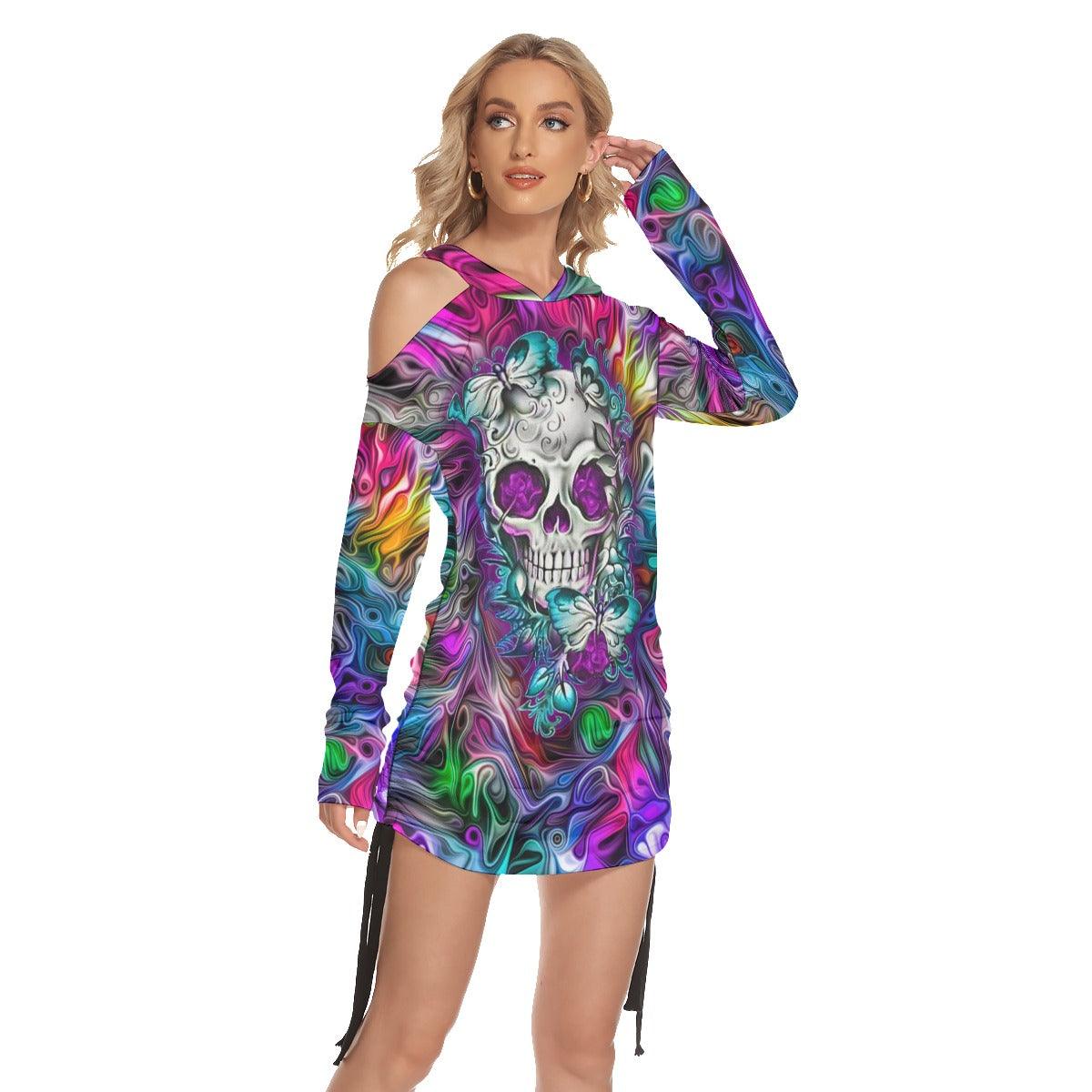 Butterfly Colorful Skull Print Open Shoulder Dress - Wonder Skull