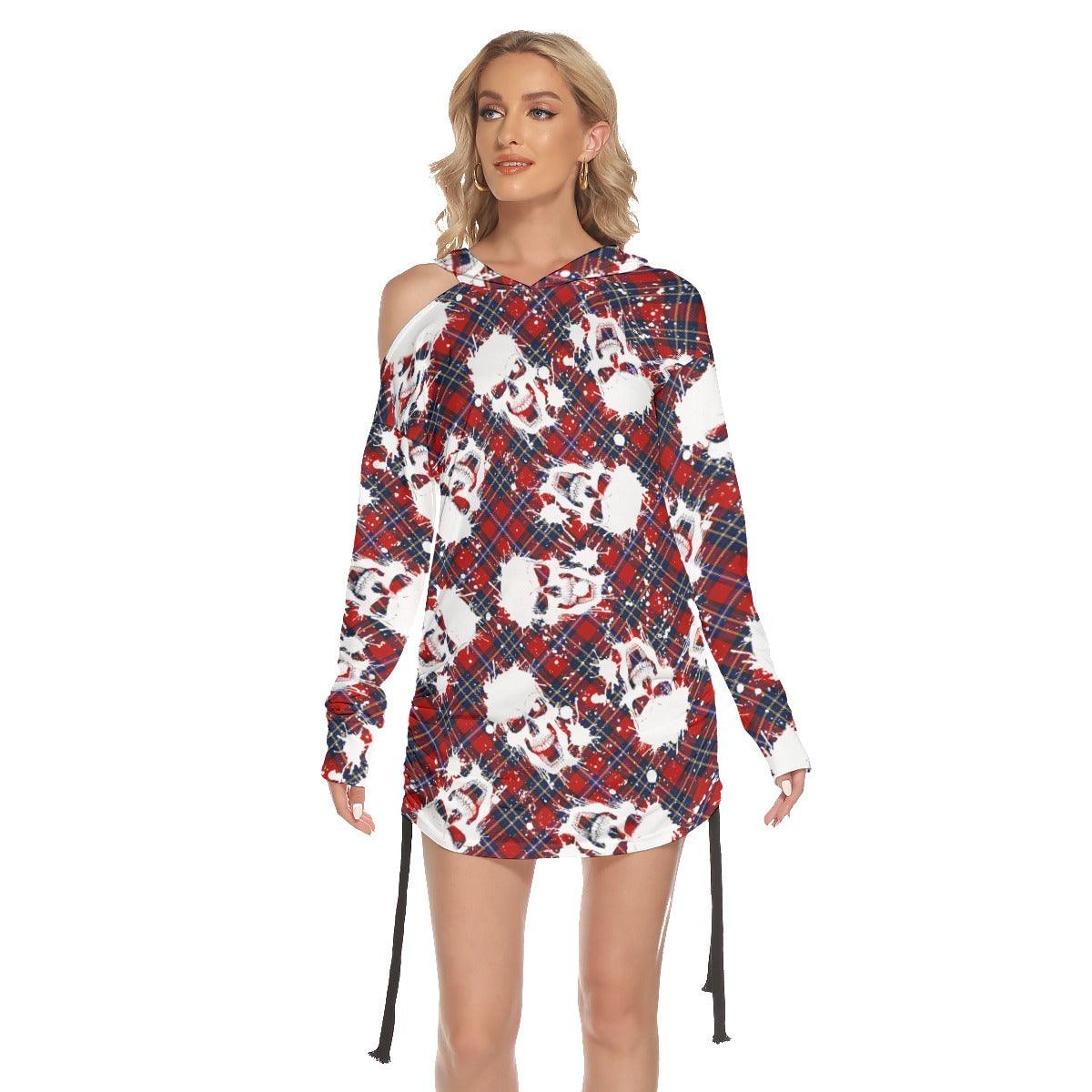 Christmas Red White Water Pot Skull Print Open Shoulder Dress - Wonder Skull