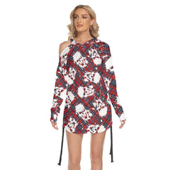Christmas Red White Water Pot Skull Print Open Shoulder Dress - Wonder Skull