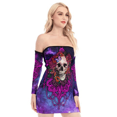 Skull Gothic Pink Galaxy Off-shoulder Back Lace-up Dress - Wonder Skull