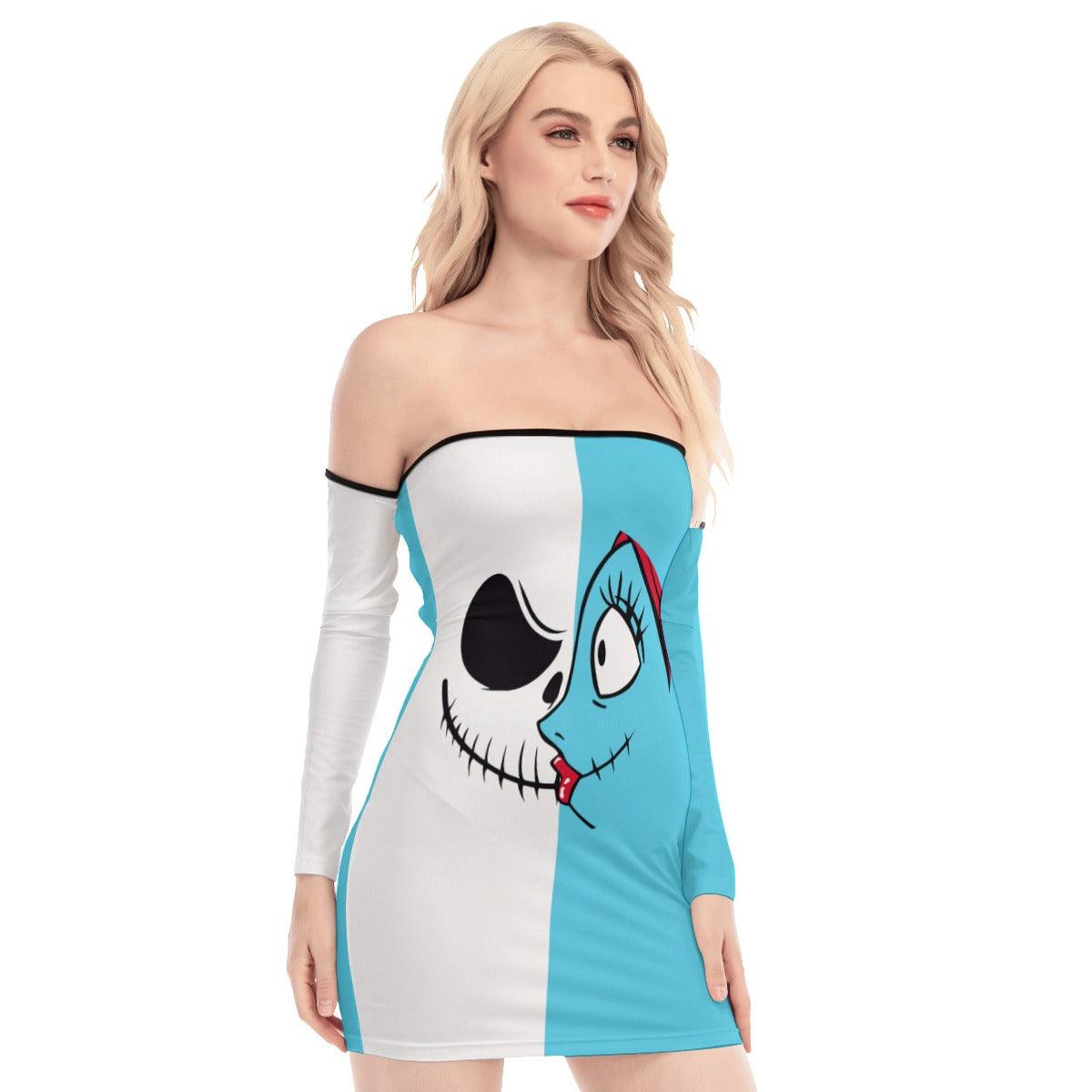 Nightmare Half Blue Half White Off-shoulder Back Lace-up Dress - Wonder Skull