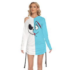 Half Blue Half White Nightmare Open Shoulder Dress Hoodie - Wonder Skull