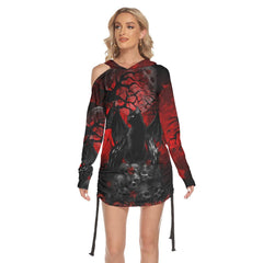 Cat Gothic All Over Print Women One Shoulder Dress With Waist Shirring, Long Hoodie For Women - Wonder Skull