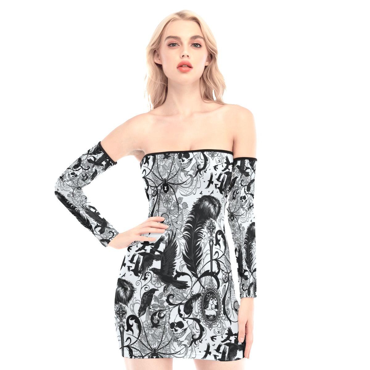 Baroque Raven Skull Off-shoulder Back Lace-up Dress - Wonder Skull