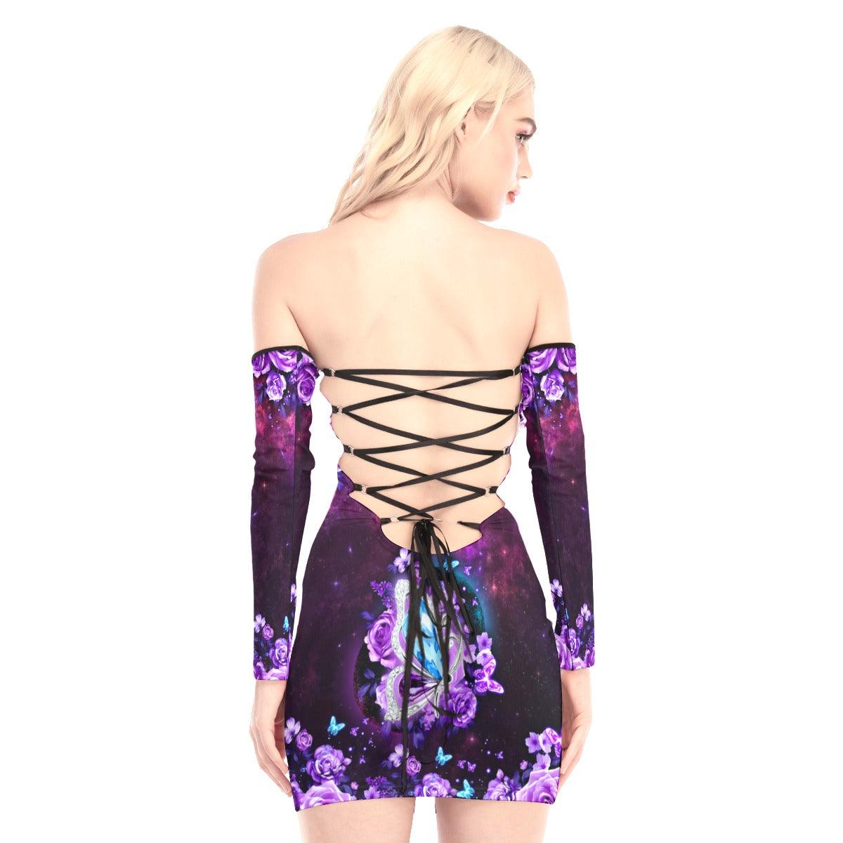 Gem Butterfly Roses Off-shoulder Back Lace-up Dress - Wonder Skull