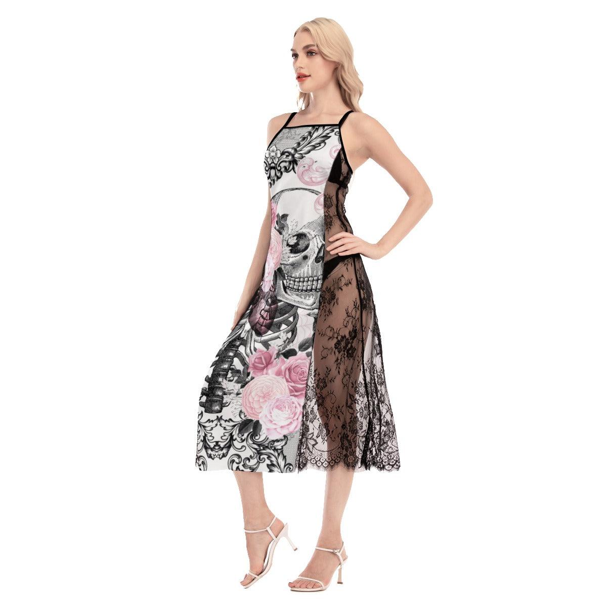 Pink Gothic Skeleton Pattern Lace Cami Cross Back Women Dress - Wonder Skull