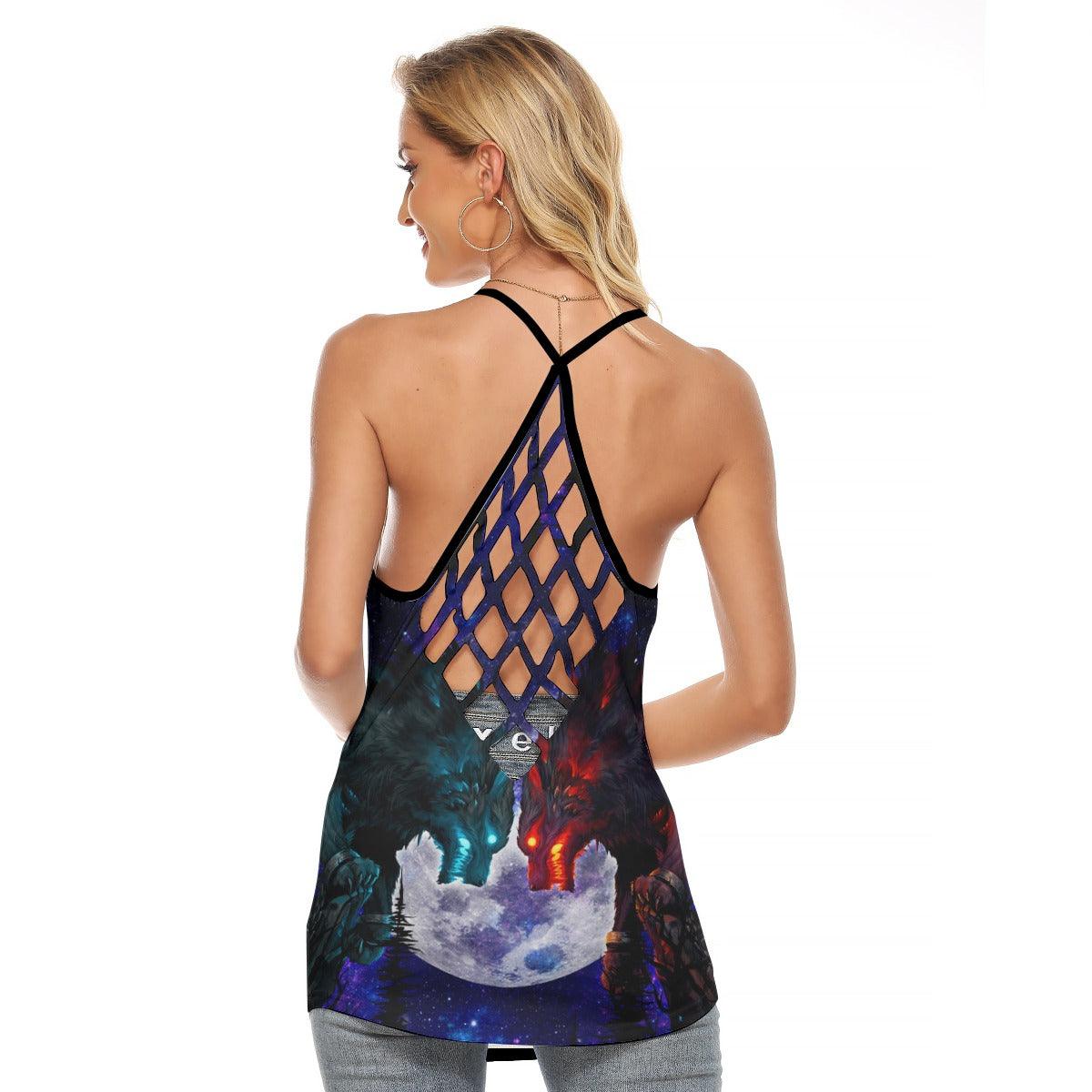 Wolves Fighter Criss-Cross Open Back Tank Top, Hot T-Shirt For Women - Wonder Skull