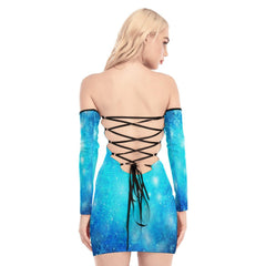 Skull Gothic Blue Rose Off-shoulder Back Lace-up Dress - Wonder Skull