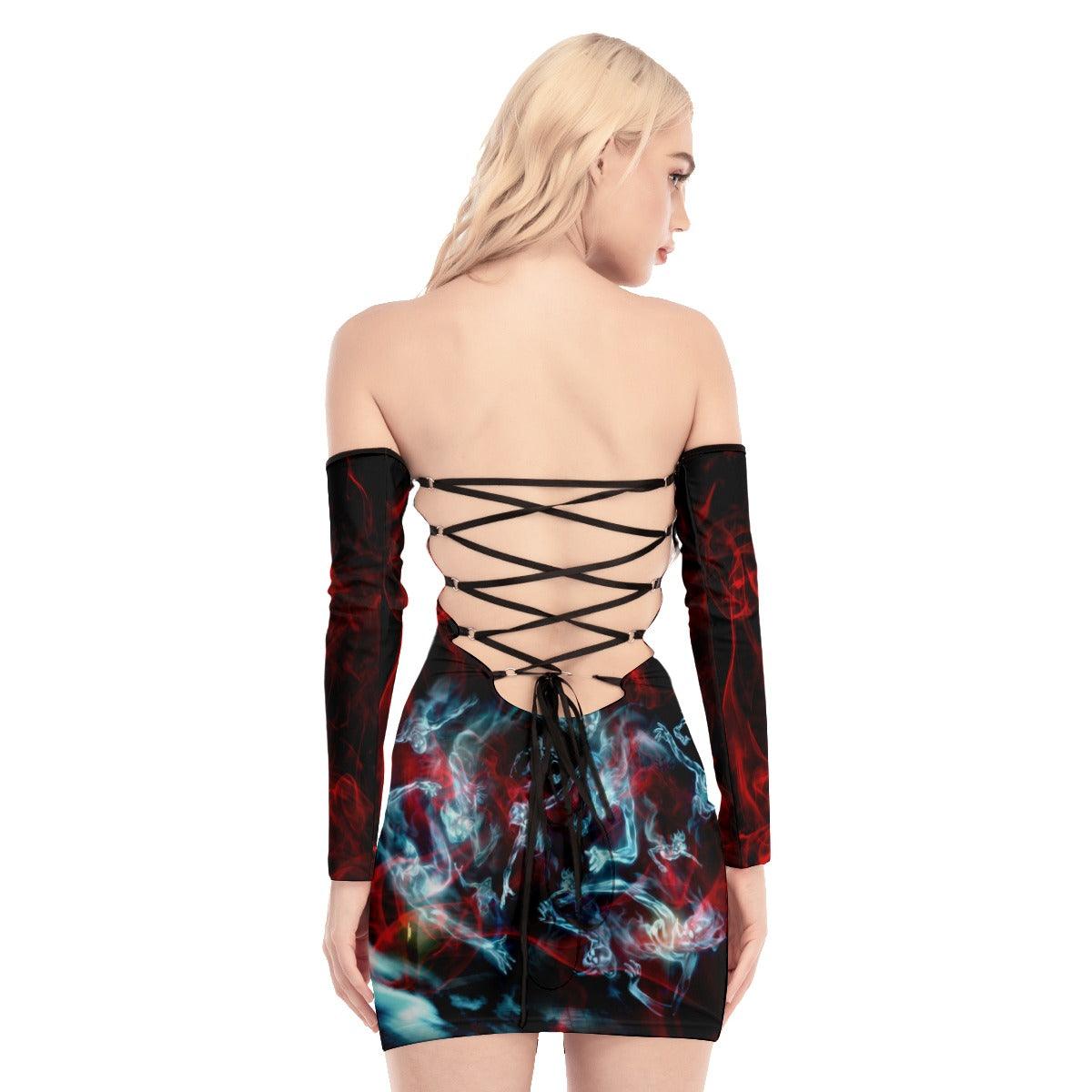 Skull Smoke Red Blue Off-shoulder Back Lace-up Dress - Wonder Skull