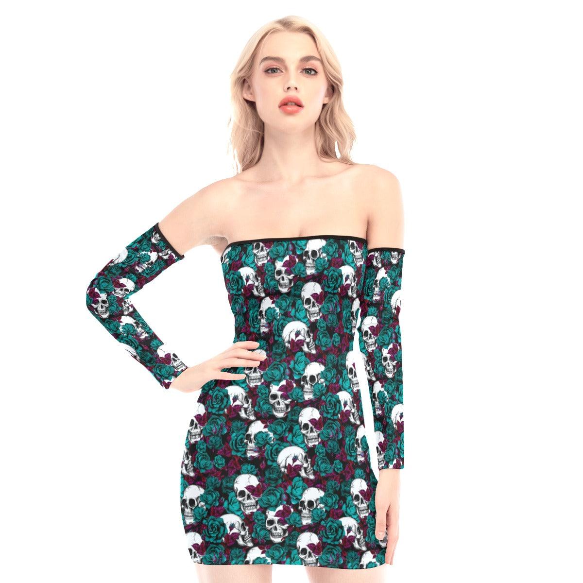 Jungle Green Rose Skull Off-shoulder Back Lace-up Dress - Wonder Skull