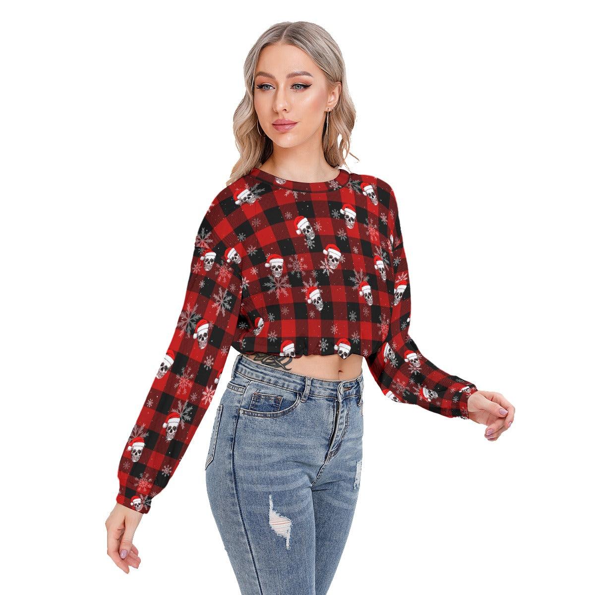 Skull Buffalo Plaid Sleeve Sweatshirt With Hem Drawstring - Wonder Skull