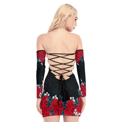Skull Rose Flower Gothic Off-shoulder Back Lace-up Dress - Wonder Skull