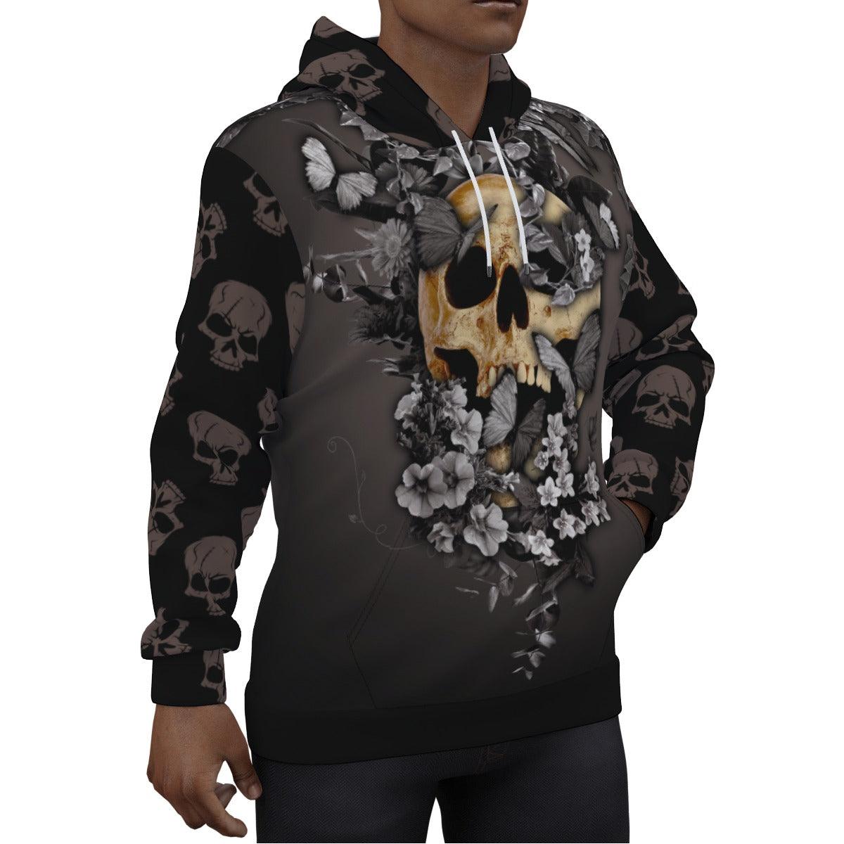 Black Butterfly Skull Print Unisex Pullover Hoodie-Wonder Skull