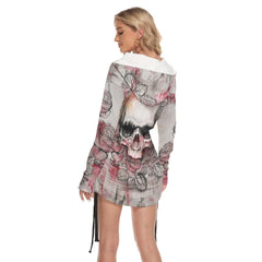 Black Pink Color Drawing Skull Print Open Shoulder Dress - Wonder Skull