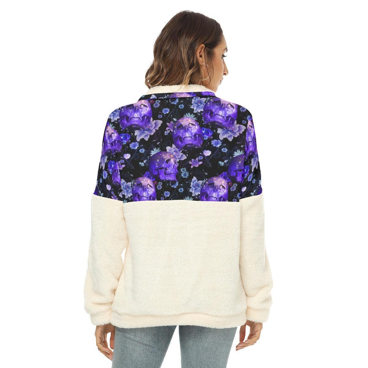 Dark Violet Skull Fleece Sweatshirt With Half Zip - Wonder Skull