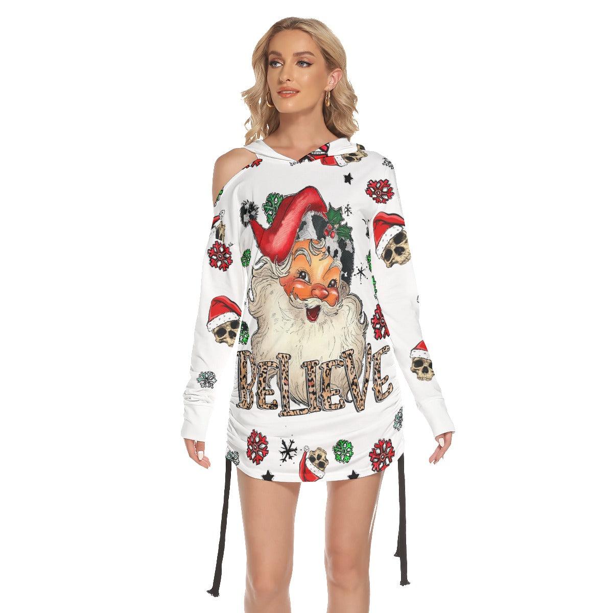 Christmas Skull Santa Claus Snowy Print Open Shoulder Dress - Wonder Skull