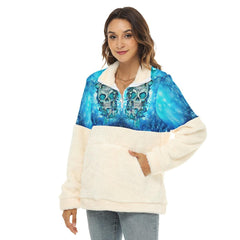 Blue Ice Skull Butterfly Fleece Sweatshirt With Half Zip - Wonder Skull