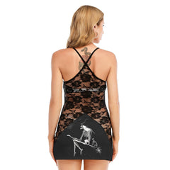 Witchy On Sky All-Over Print Women Black Lace Cami Dress, Slay Nightwear For Women - Wonder Skull