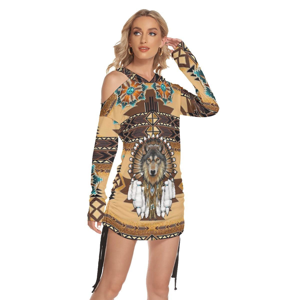 Tribe Wolf All Over Print Women One Shoulder Dress With Waist Shirring, Long Hoodie For Women - Wonder Skull